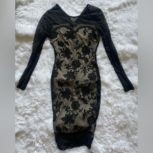 Material Girl Mesh Lace black tan bodycon midi dress, size S